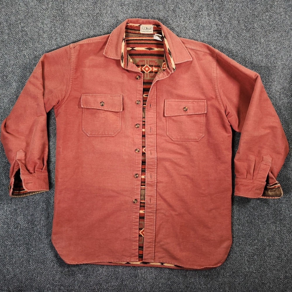 LL Bean Red Canvas Blanket Lined Shirt Jacket Mens Medium Reg Navajo Aztec